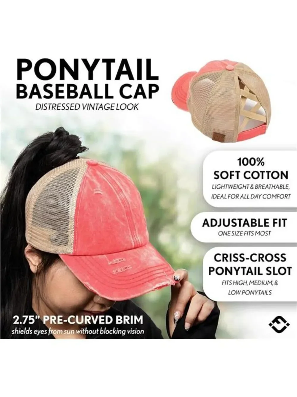 Womens Ponytail Baseball Cap Adjustable Hat High Bun Messy Bun Criss Cross Back